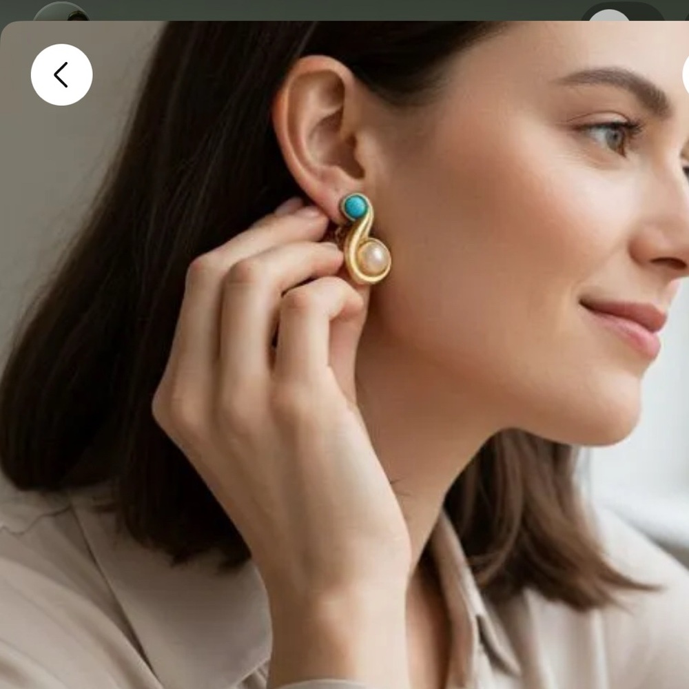 Vintage AVON Swirl Earrings – Faux Pearl & Turquoise Cabochons